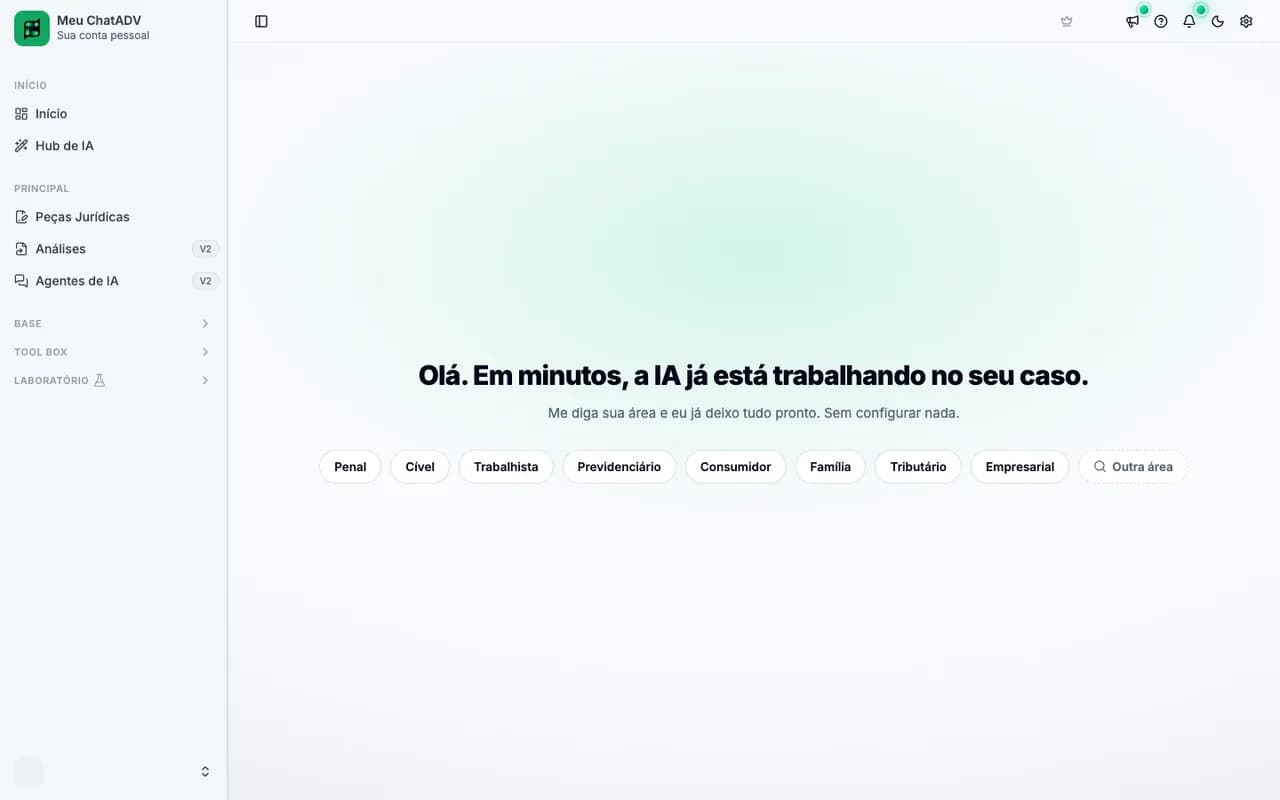 Tela Começar do ChatADV: escolha da área Cível e as opções Analise um Processo e Crie uma Peça Jurídica